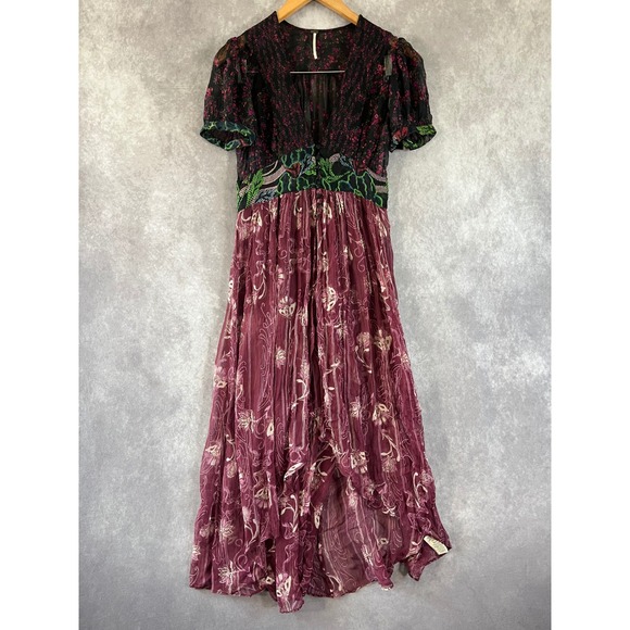 Free People Dresses & Skirts - Free People Midi Dress Women XS Plum Black Floral Mixed Print Boho V-Neck Hippie
